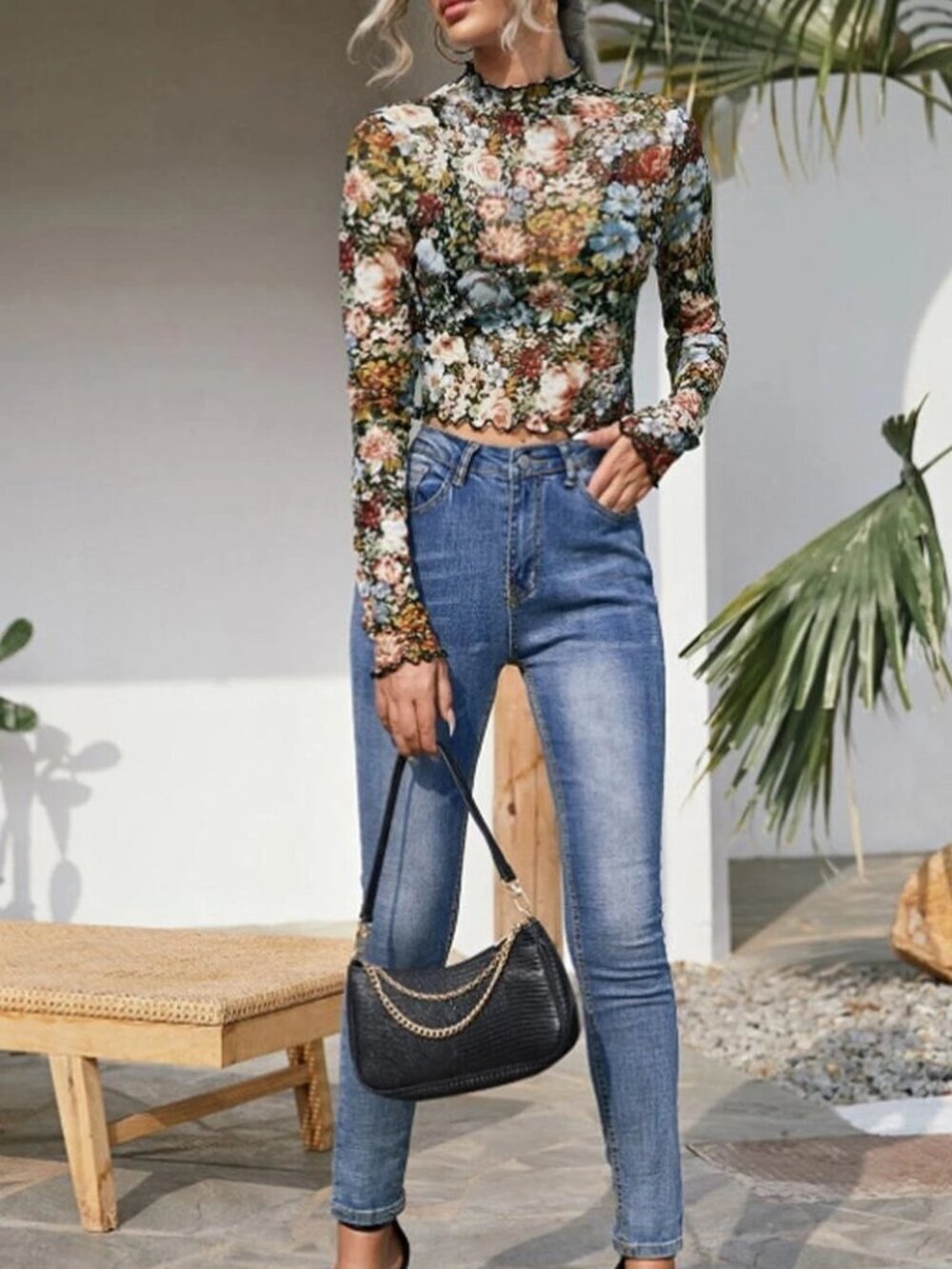 New Boutique Floral Print Lettuce Trim Crop Top Long Sleeves Sheer Mesh Boho Y2K